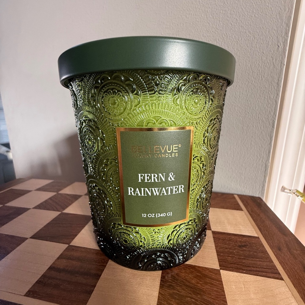 Bellevue Fern & Rainwater 12 oz Double Wick Candle New Green Glass Jar